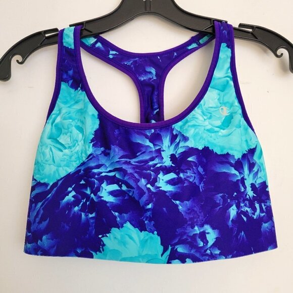 Champion Blue Purple Floral Watercolor Print Racerback Sports Bra Size Large - Picture 1 of 12